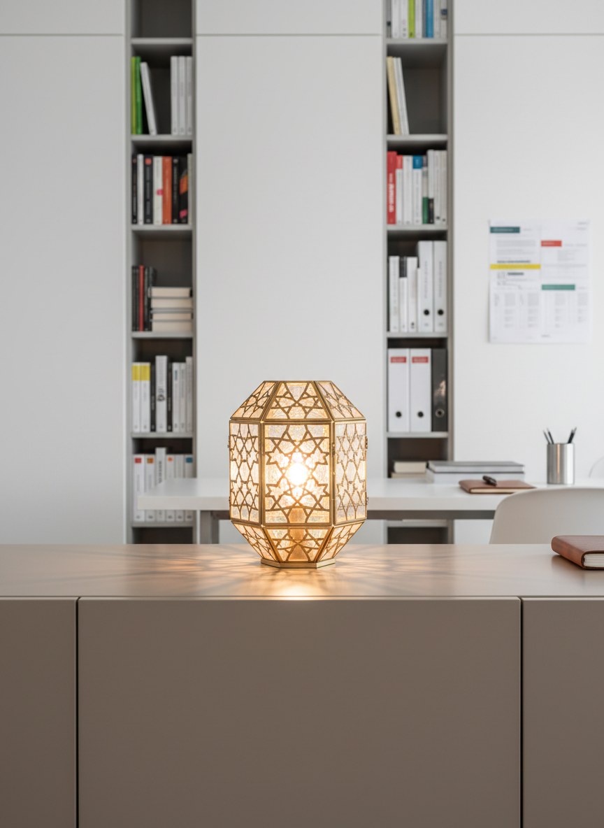 A single, elegant glass lamp with geometric brass filigree, inspired by traditional mashrabiya patterns, stands on a smooth, uncluttered taupe sideboard. The setting is a contemporary workspace with crisp white walls and thoughtfully organized books and research materials in the background. The lamp is illuminated from within, casting a gentle, warm glow that creates subtle, balanced shadows on the clean surfaces, lending a serene, contemplative energy to the room. The camera is positioned at eye-level, using symmetrical composition and a shallow depth of field to focus attention on the intricate lamp. The look is photographic realism with clean lines and a structured, professional feel.