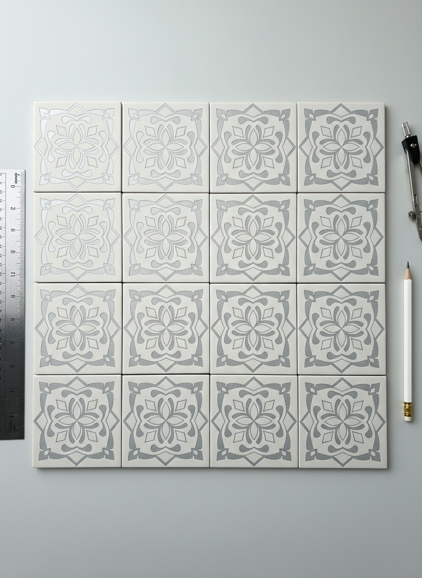 A set of refined, pale porcelain tiles engraved with delicate, interlocking Islamic arabesque motifs in matte silver, laid out in a symmetric grid formation on a pristine light-grey tabletop. Around the edges are architect’s tools—steel ruler, compass, and a single white drafting pencil—imparting a sense of structured creativity and scientific inquiry. Daylight from above bathes the scene in soft, even light, enhancing the textures and shining subtly off the metallic inlays. The mood is calm and focused, highlighting craftsmanship and intellectual rigor. Captured from a slightly elevated perspective with sharp, ultra-clear focus, the image embodies a clean, corporate aesthetic appropriate for an educational Islamic blog.