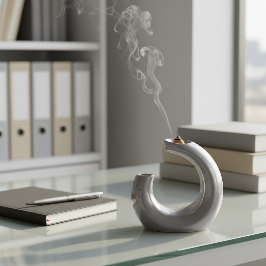 A polished slate grey ceramic incense holder, designed with minimalist curves and an understated crescent motif, is placed on a glass-topped desk accompanied by a closed charcoal-hued notebook and a single silver pen. A faint wisp of incense smoke rises, creating elegant trails in the air. The background reveals an orderly array of neutral-colored file folders and reference books, reinforcing a sense of clarity and purpose. Soft, diffuse afternoon light gently highlights the edges of the holder and furniture, establishing a calm and precise mood. Captured from a close, slightly angled view, the photograph epitomizes balanced composition and corporate minimalism suitable for a scientific, creative Islamic blog.
