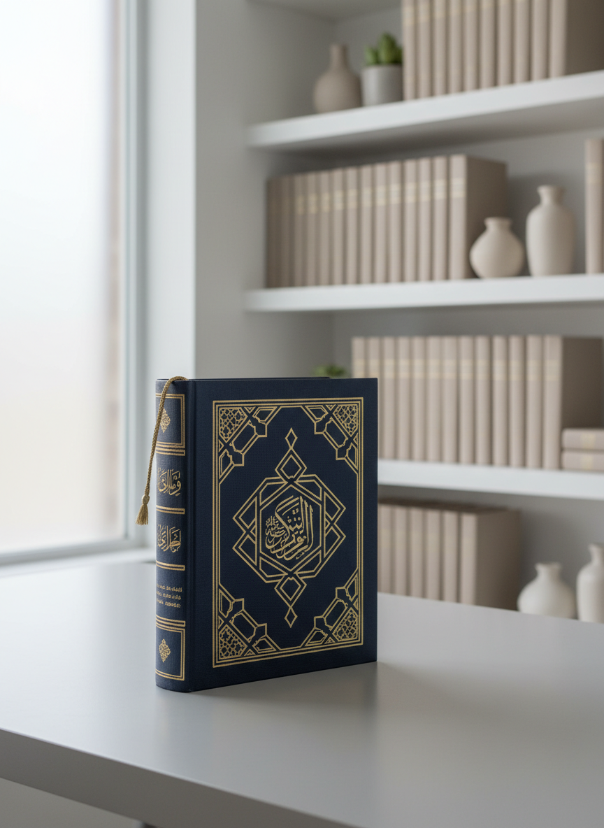 A meticulously arranged hardcover book in deep navy blue linen with subtle gold-embossed geometric Islamic patterns on its cover, resting atop a sleek, neutral-toned desk. The book is partially open, showing high-quality creamy pages filled with elegant Arabic calligraphy and precise English annotations in the margins. Behind it, clean white shelves hold neatly lined volumes and minimal decor, creating a sense of order. Soft diffused daylight enters through a frosted glass window, casting gentle, even lighting that gives the setting a tranquil and scholarly atmosphere. Centered, eye-level composition ensures clarity and focus on the book, with a sharp, photographic realism and a structured, minimalist aesthetic, perfectly suited to a professional, academic blog about Islam.